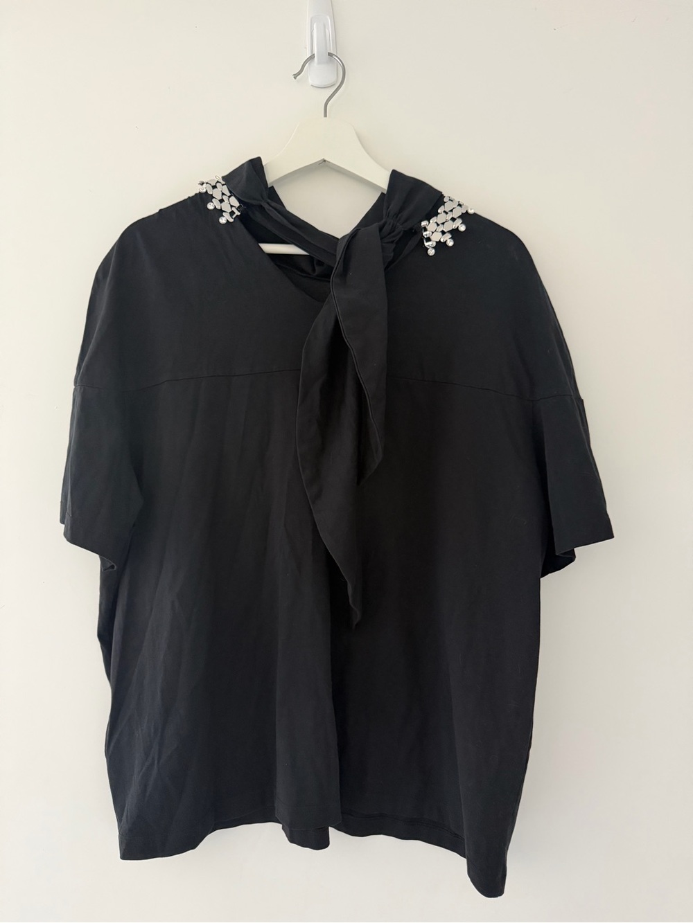 Christopher Kane Black Tie-Neck Top with Pearl Shoulder Detail